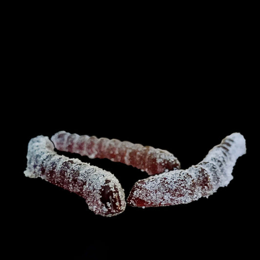 Red sour gummy worms with a black background.