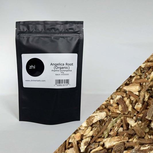 Zhi Herbals Organic Angelica Root, 50g black package with label, next to a close-up of the brown root pieces.