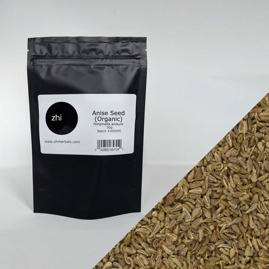 Zhi Herbals Organic Anise Seed, 50g black package with label, next to a close-up of the brown seeds.