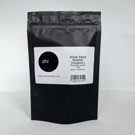 Zhi Herbals Anise Seed Powder (Organic) in a 50g black resealable bag with product label and barcode.