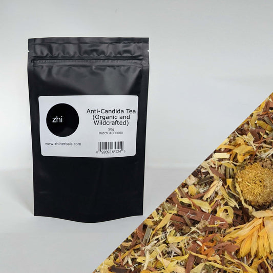 Zhi Herbals Anti-Candida Tea, 50g black package with label, next to a close-up of the brown and yellow tea blend.