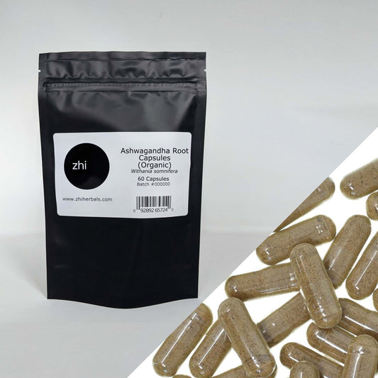 Zhi Herbals Organic Ashwagandha Root Capsules, 50g black package with label, next to a close-up of the brown capsules.