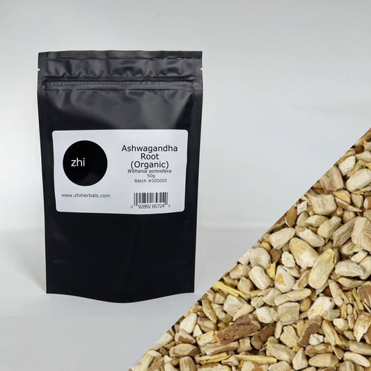 Zhi Herbals Organic Ashwagandha Root, 50g black package with label, next to a close-up of the beige root pieces.