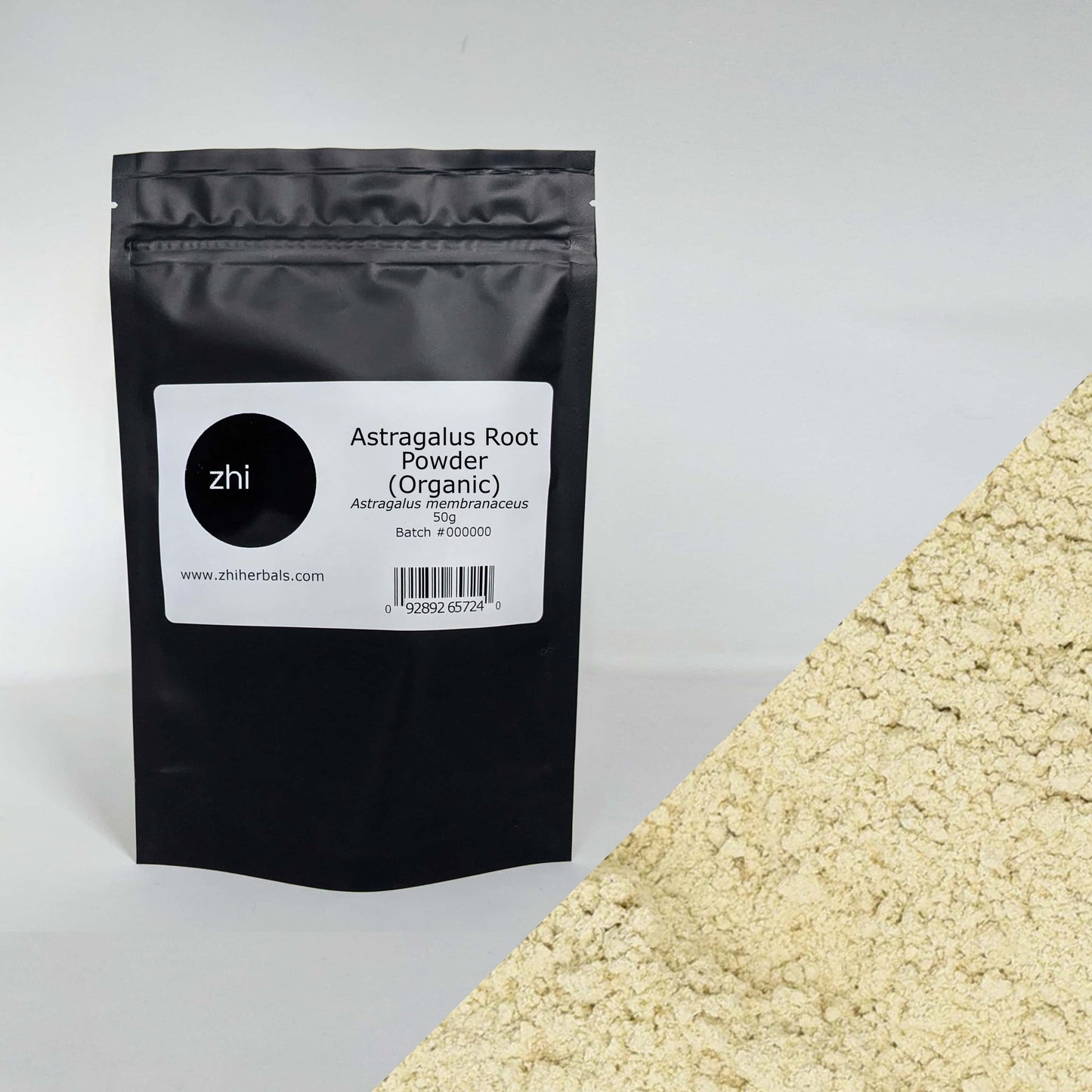 Zhi Herbals Organic Astragalus Root Powder, 50g black package with label, next to a close-up of the cream powder texture.