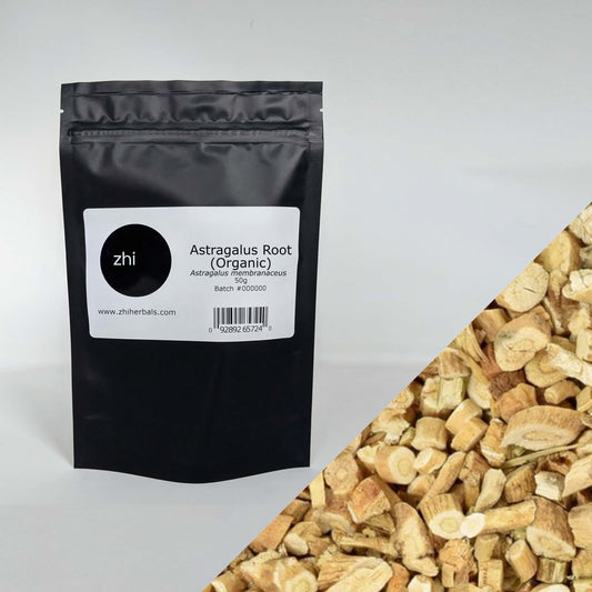 Zhi Herbals Organic Astragalus Root, 50g black package with label, next to a close-up of the beige root pieces.