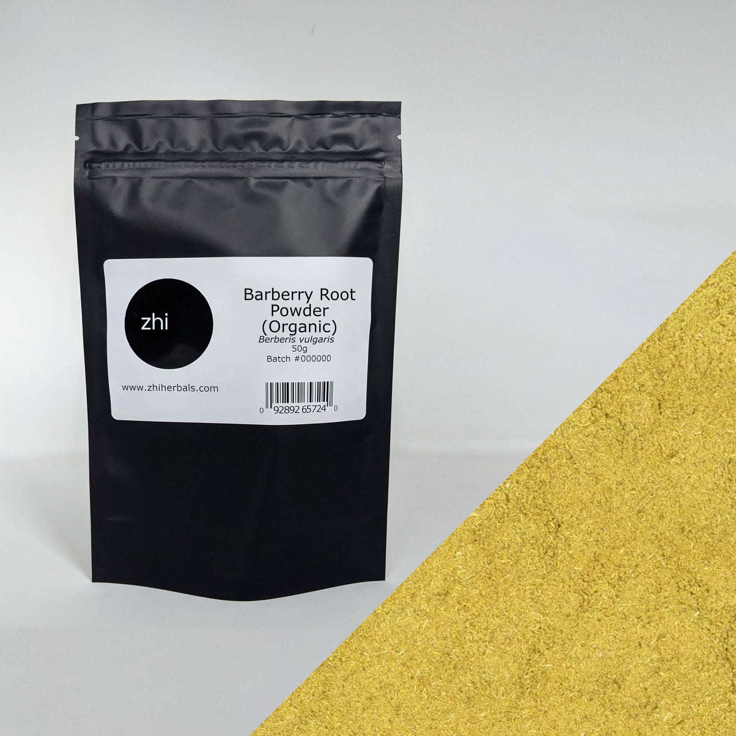 Zhi Herbals Organic Barberry Root Powder, 50g black package with label, next to a close-up of the yellow powder texture.