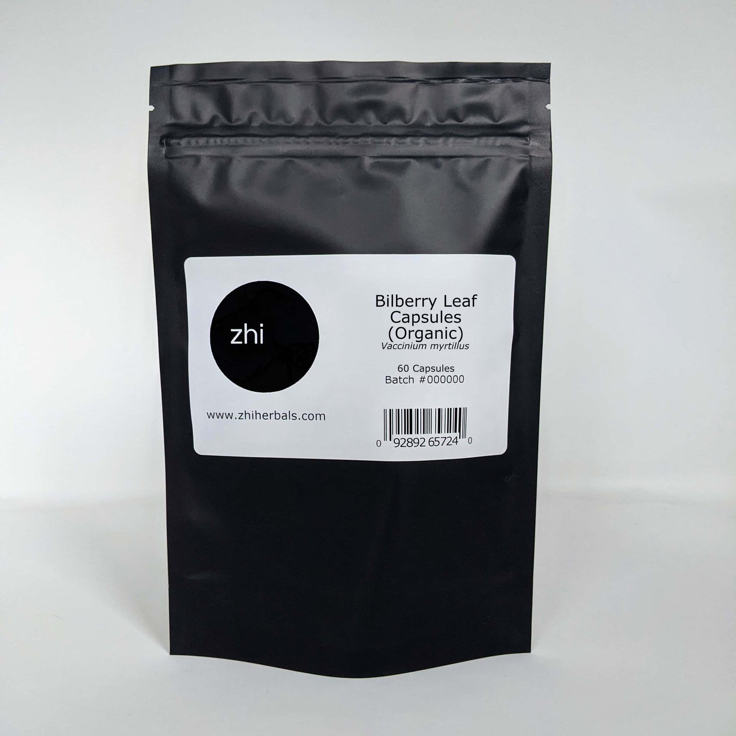 Zhi Herbals Bilberry Leaf Capsules (Organic) in a black resealable bag with product label and barcode.