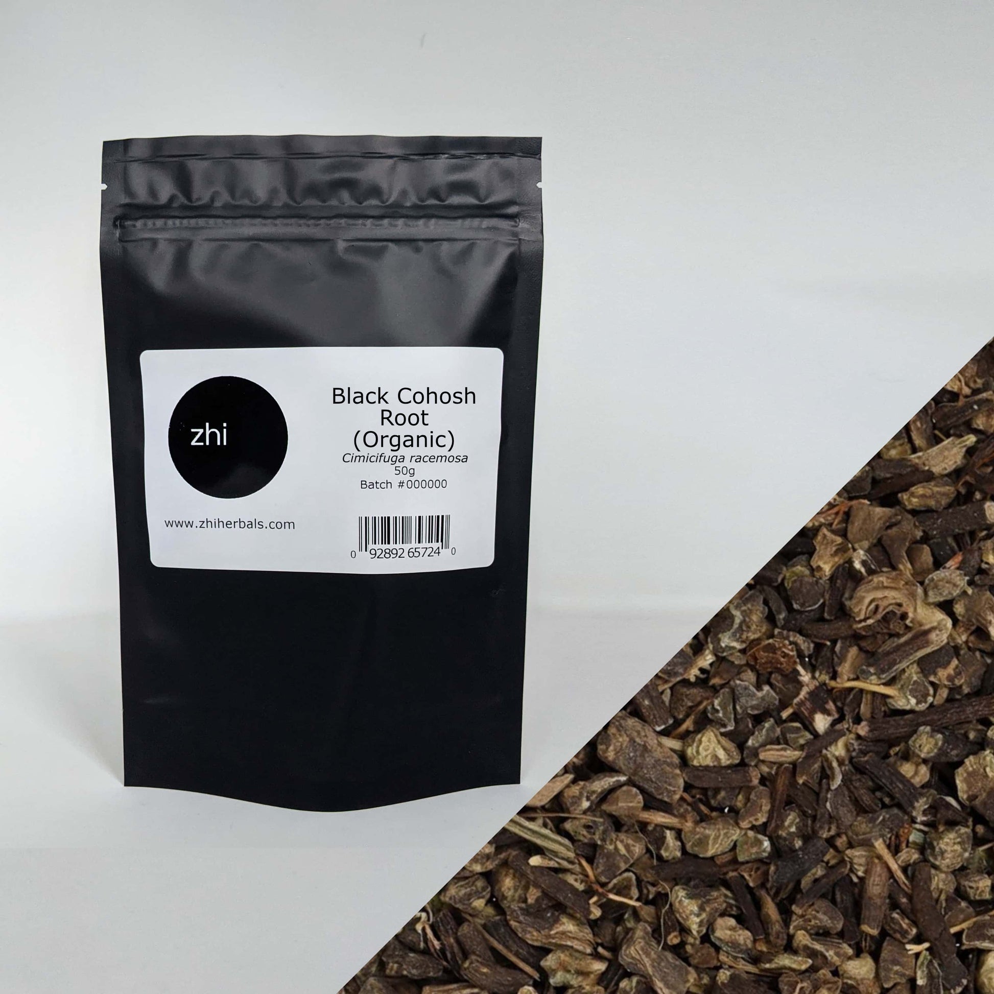 Zhi Herbals Organic Black Cohosh Root, 50g black package with label, next to a close-up of the brown root pieces.