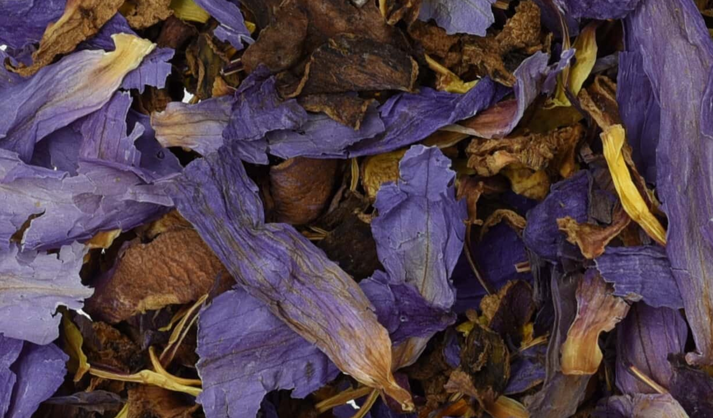 Close-up of dried blue lotus petals, showing blue petals and pieces used for teas and herbal remedies.