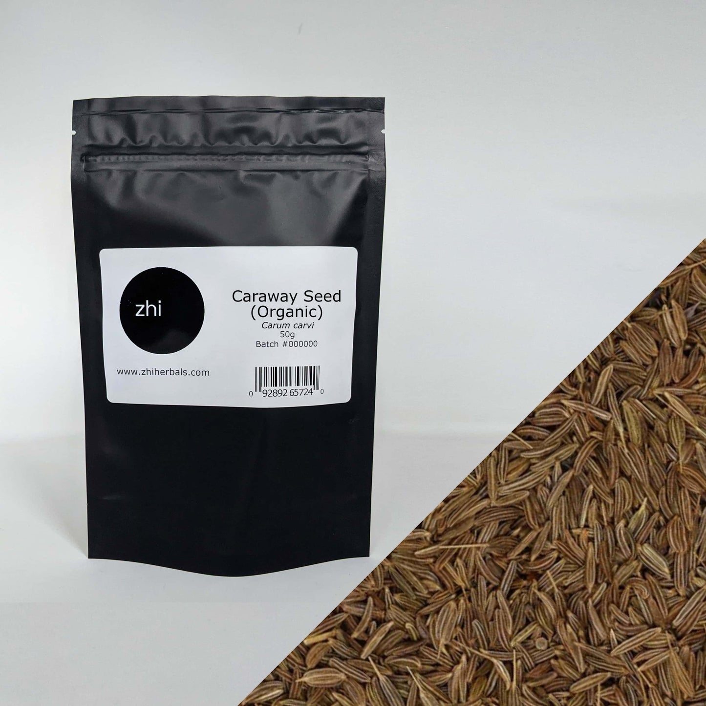 Zhi Herbals Organic Caraway Seed, 50g black package with label, next to a close-up of the brown seed texture.