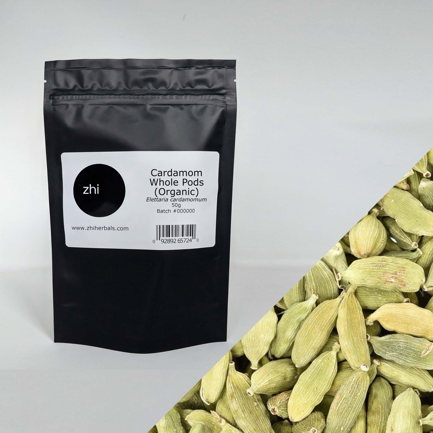 Zhi Herbals Organic Cardamom Whole Pods, 50g black package with label, next to a close-up of the green seed pods.