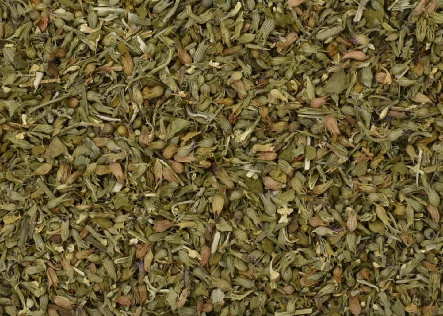 Close-up of dried catnip herb, showing chopped stems, leaves, and pieces used for teas and herbal remedies.