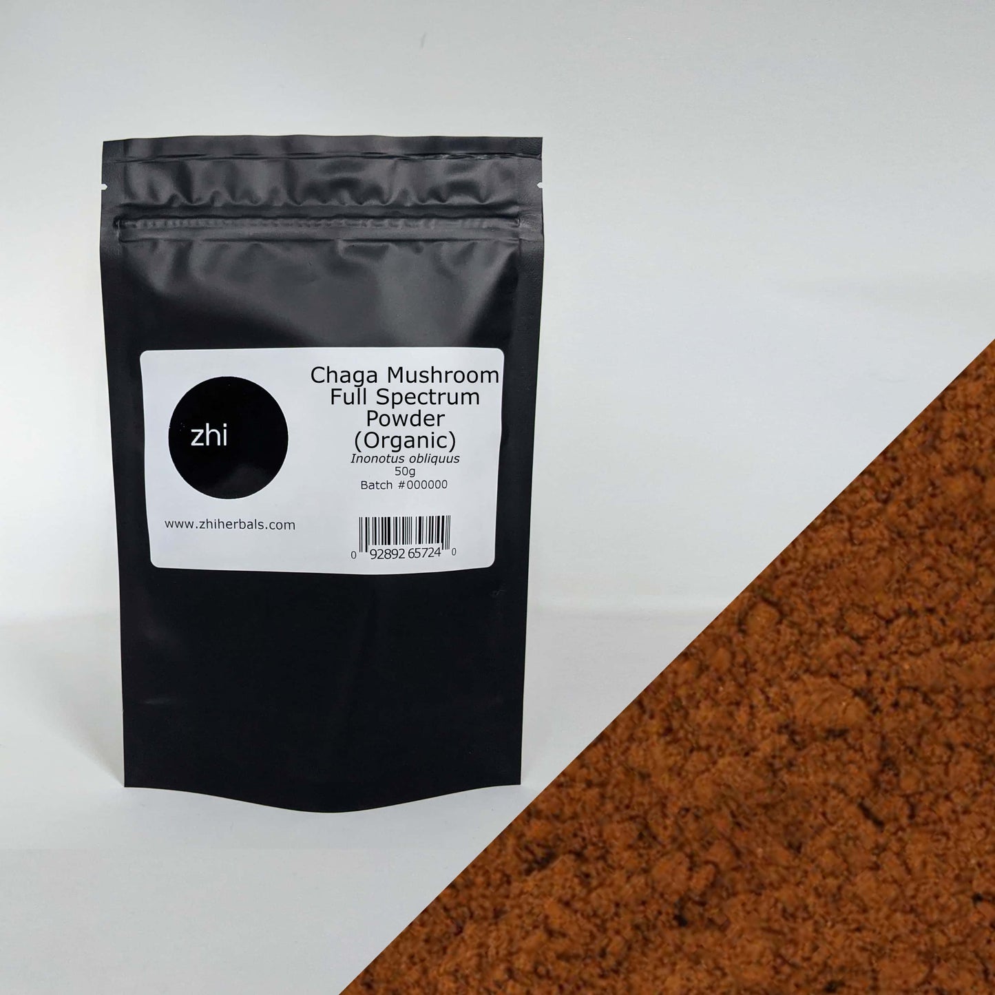 Zhi Herbals Organic Chaga Mushroom Powder, 50g black package with label, next to a close-up of the brown powder texture.