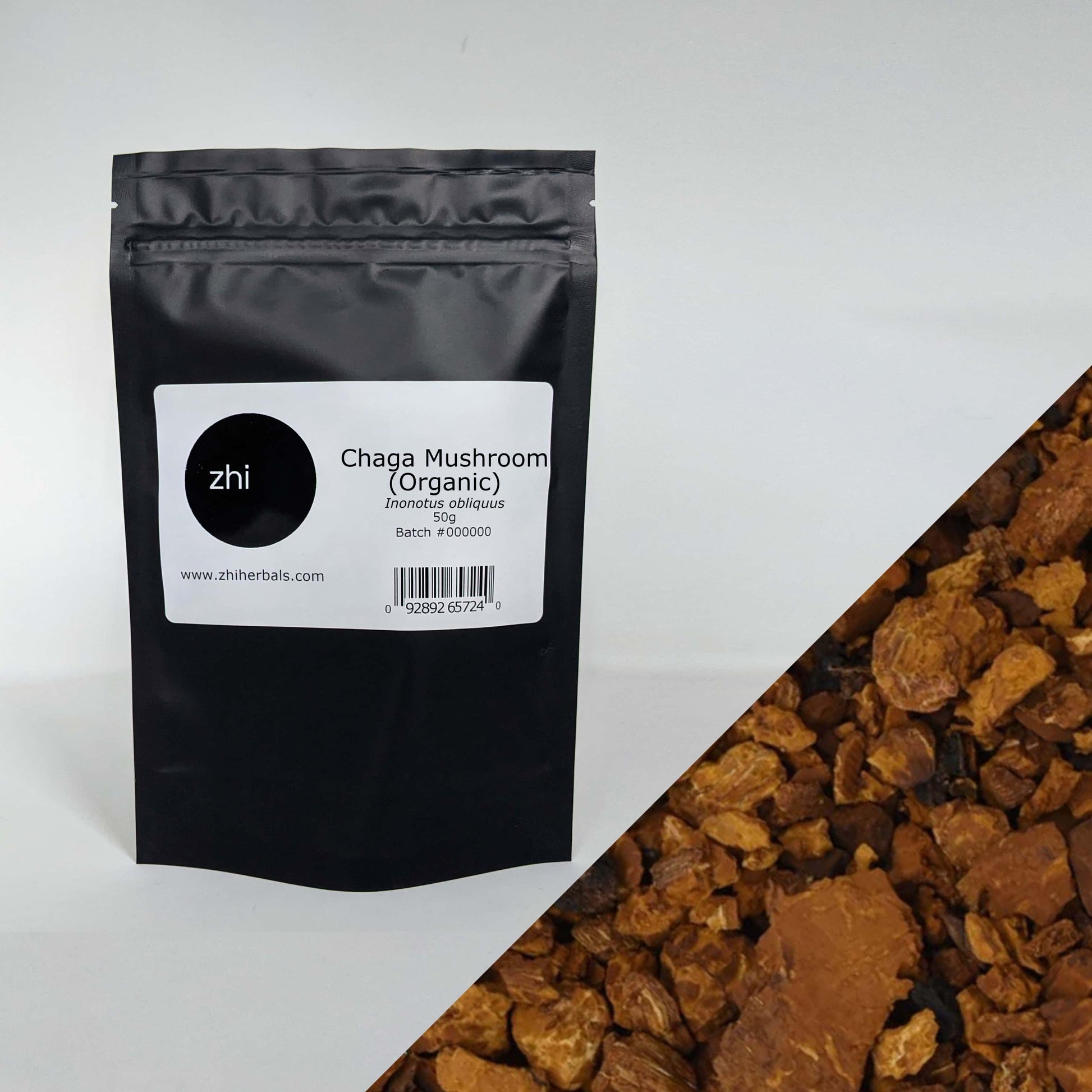 Zhi Herbals Organic Chaga Mushroom, 50g black package with label, next to a close-up of the brown chaga pieces.