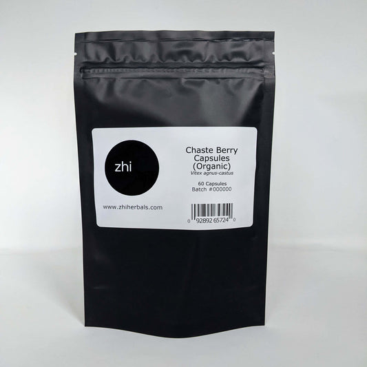 Zhi Herbals Chaste Berry Capsules (Organic) in a black resealable bag with product label and barcode.