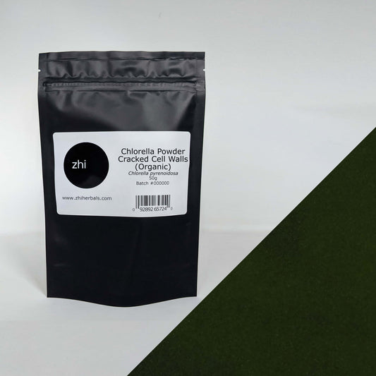 Zhi Herbals Organic Chlorella Powder, 50g black package with label, next to a close-up of the dark green powder texture.