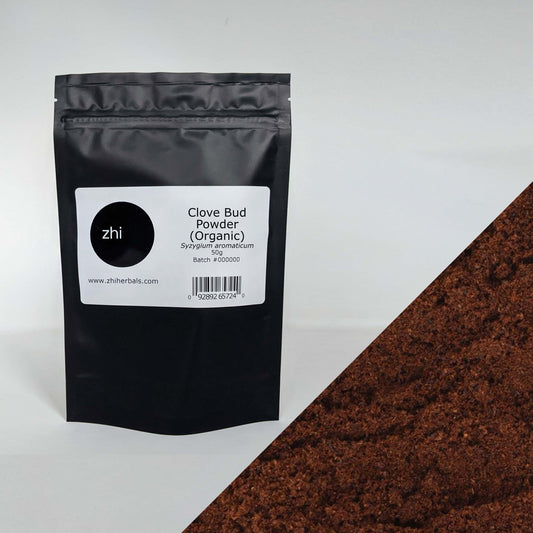 Zhi Herbals Organic Clove Bud Powder, 50g black package with label, next to a close-up of the dark brown powder.