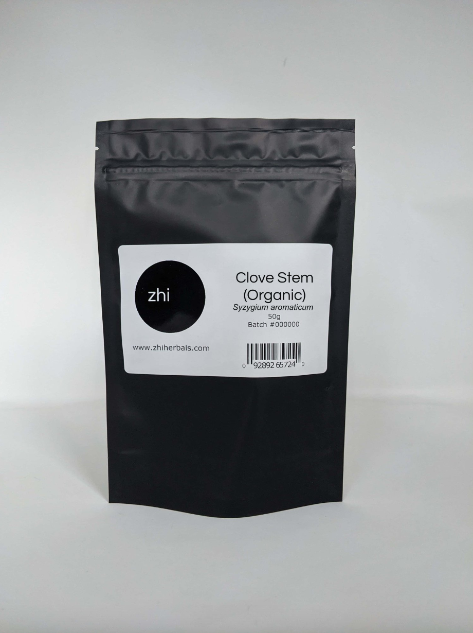 Zhi Herbals Clove Stem (Organic) in a black resealable bag with product label and barcode.