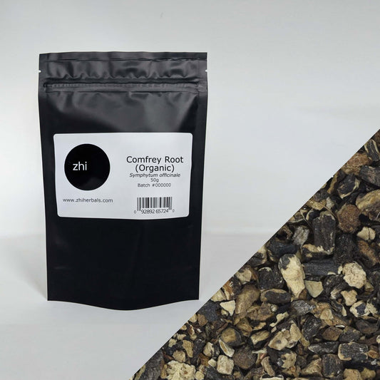 Zhi Herbals Organic Comfrey Root, 50g black package with label, next to a close-up of the brown root texture.