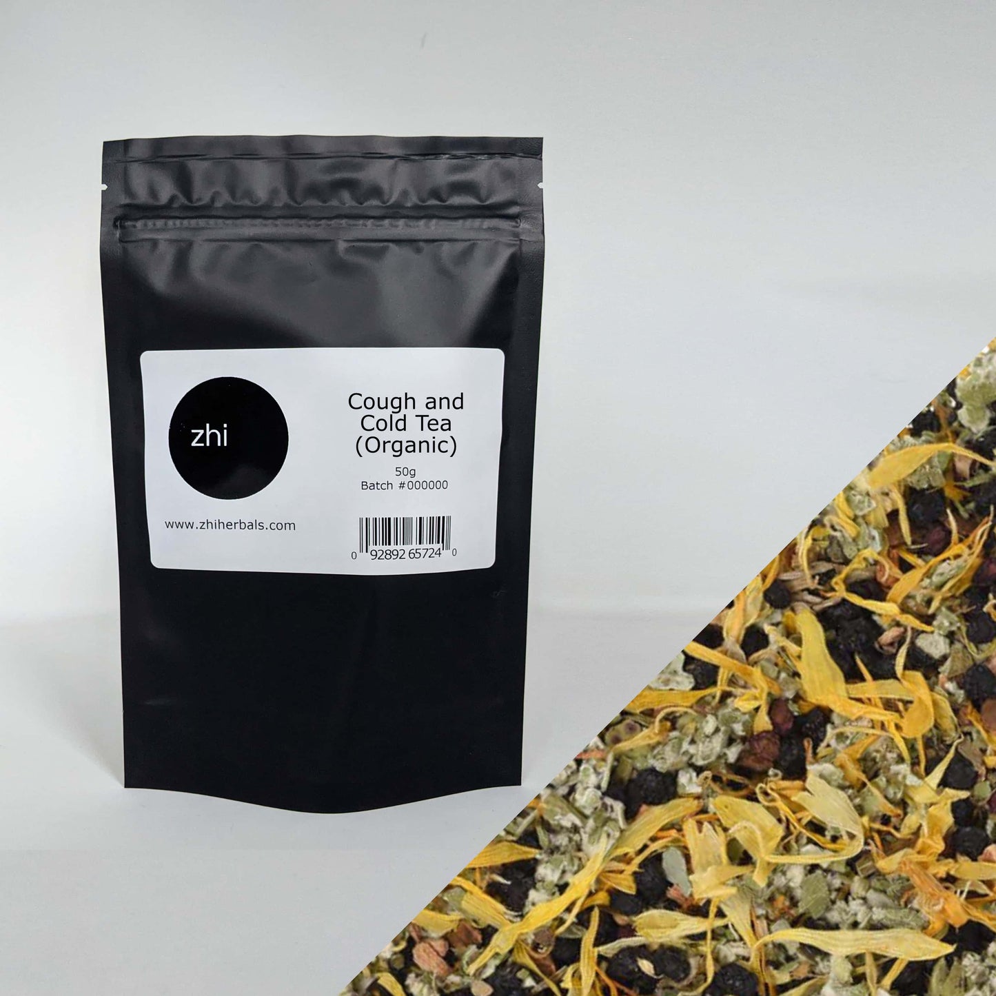 Zhi Herbals Organic Cough and Cold Tea, 50g black package with label, next to a close-up of the yellow, brown and green tea.