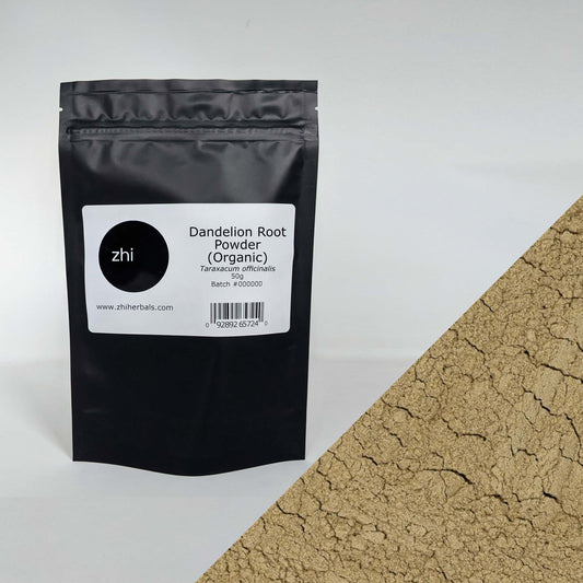 Zhi Herbals Organic Dandelion Root Powder, 50g black package with label, next to a close-up of the brown powder.