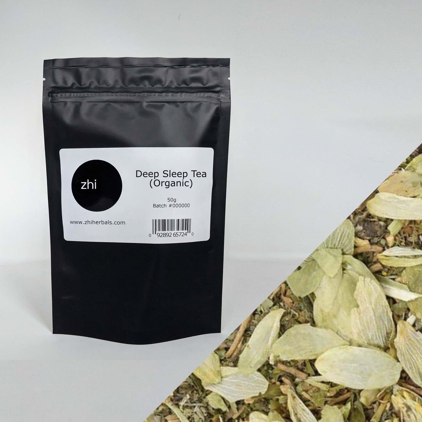 Zhi Herbals Organic Deep Sleep Tea, 50g black package with label, next to a close-up of the green tea blend.