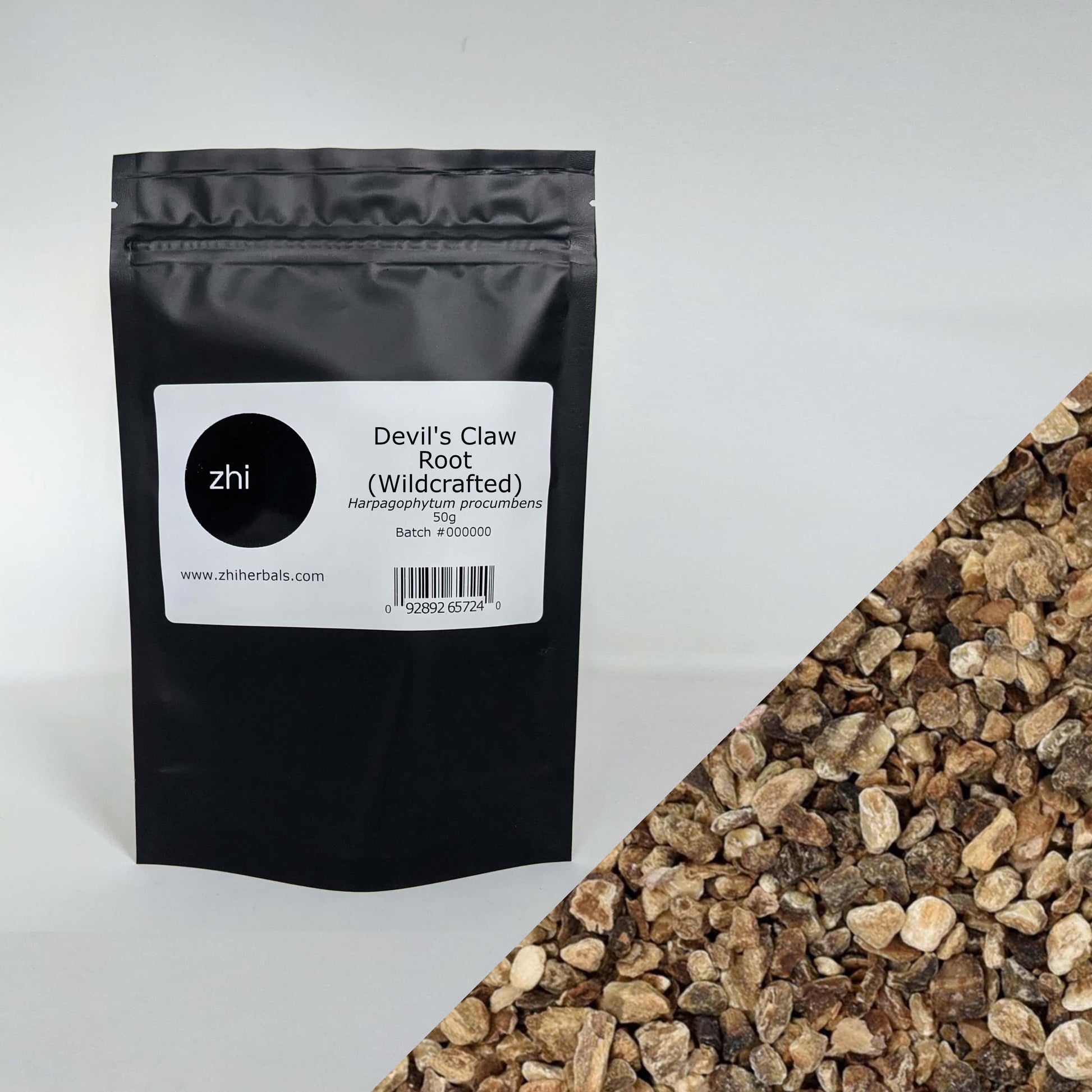 Zhi Herbals Wildcrafted Devil's Claw Root, 50g black package with label, next to a close-up of the brown root texture.