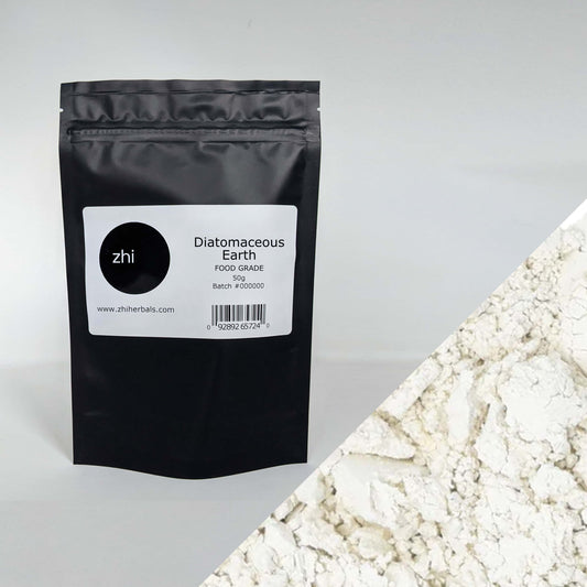 Zhi Herbals Diatomaceous Earth, 50g black package with label, next to a close-up of the white powder texture.