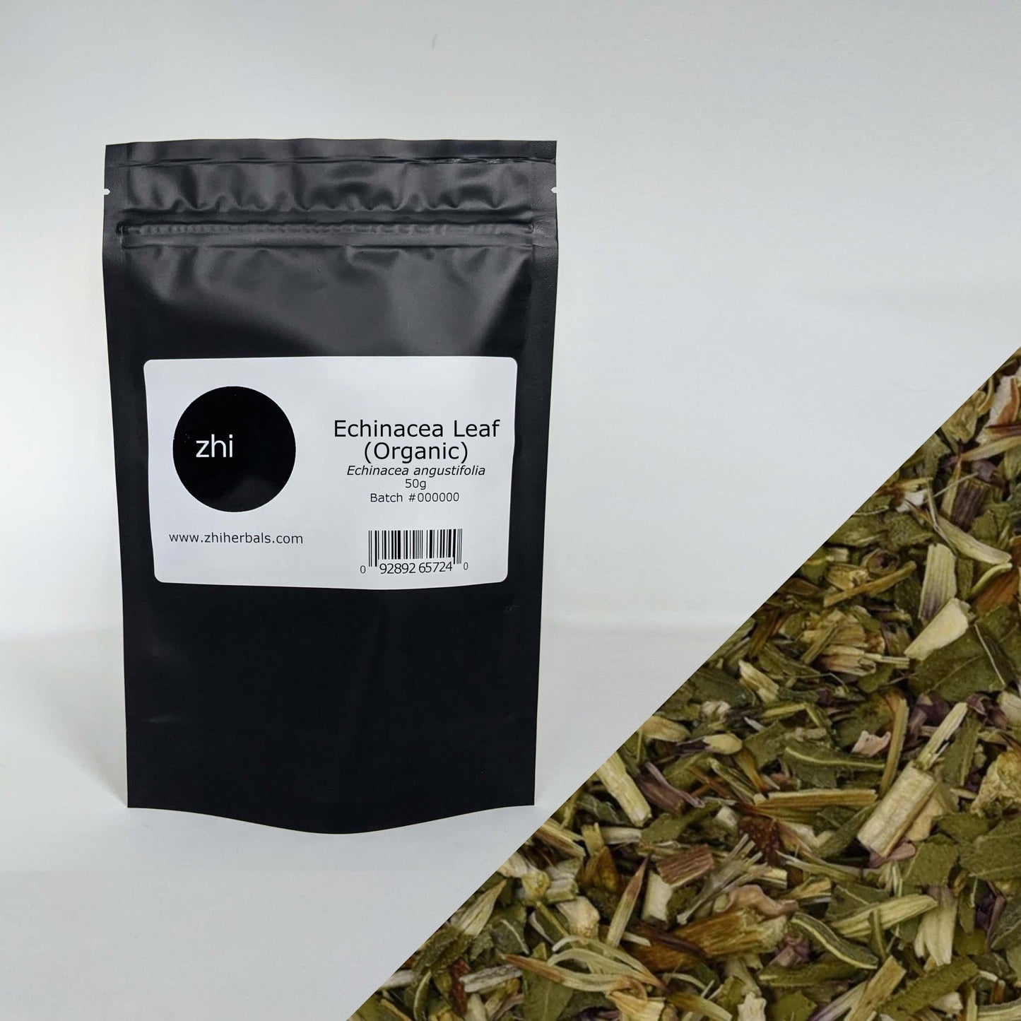 Zhi Herbals Organic Echinacea Leaf, 50g black package with label, next to a close-up of the green leaf texture.