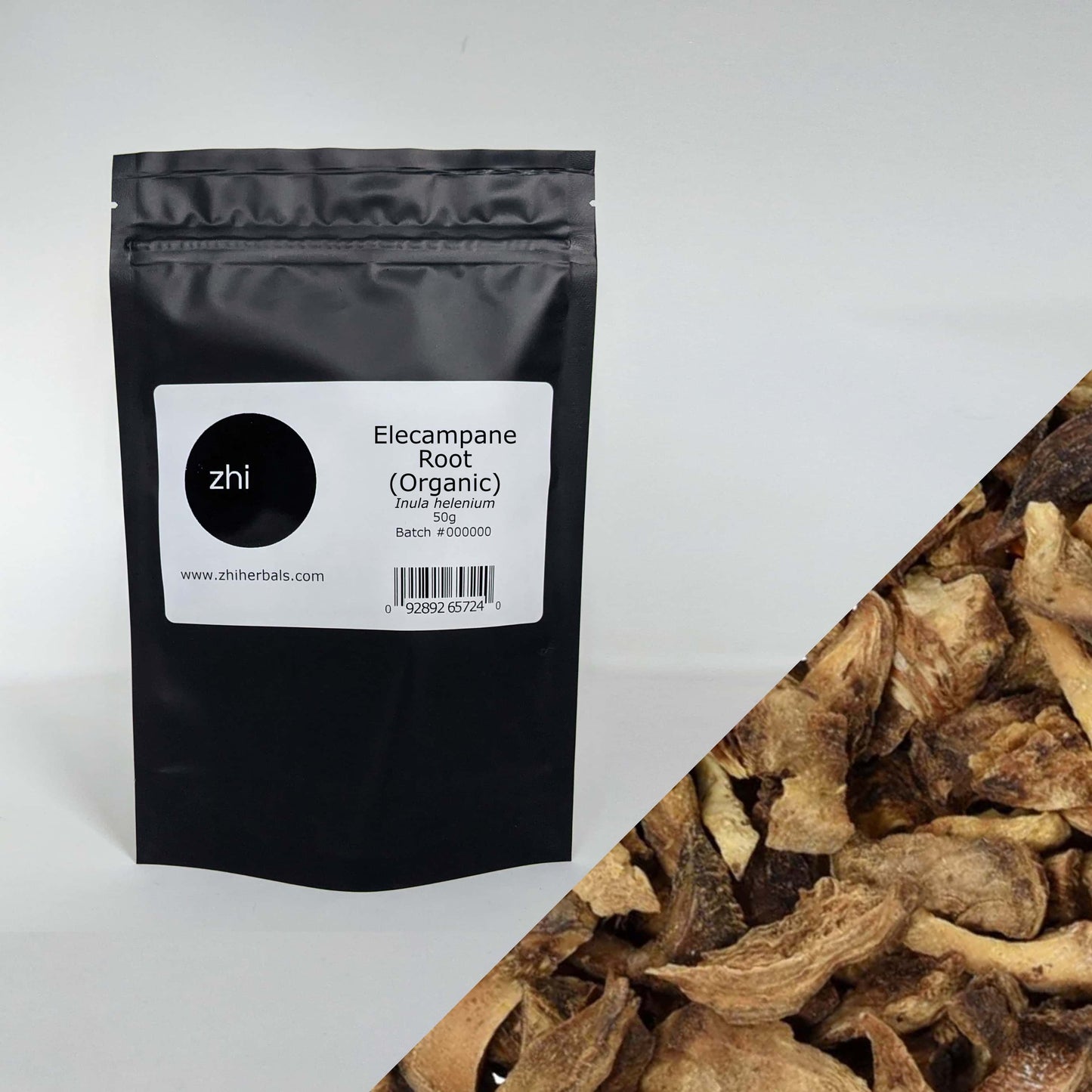 Zhi Herbals Organic Elecampane, 50g black package with label, next to a close-up of the brown cut root.