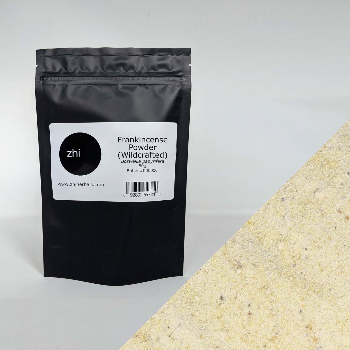 Zhi Herbals Wildcrafted Frankincense Powder, 50g black package with label, next to a close-up of the beige powder texture.