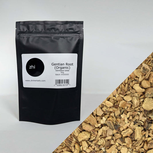 Zhi Herbals Organic Gentian Root, 50g black package with label, next to a close-up of the brown root pieces.