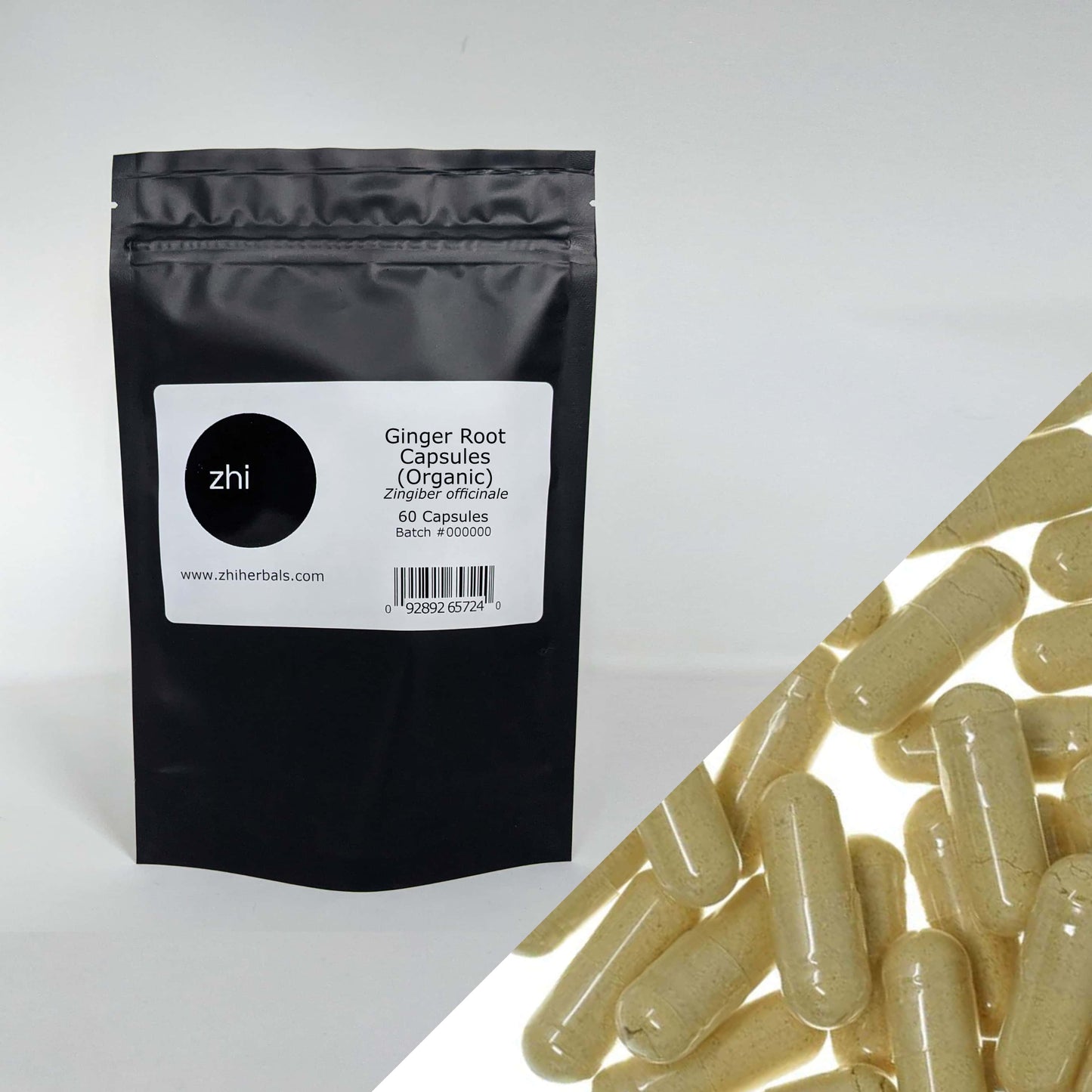 Zhi Herbals Organic Ginger Root Capsules, in a black package with label, next to a close-up of the beige capsules.