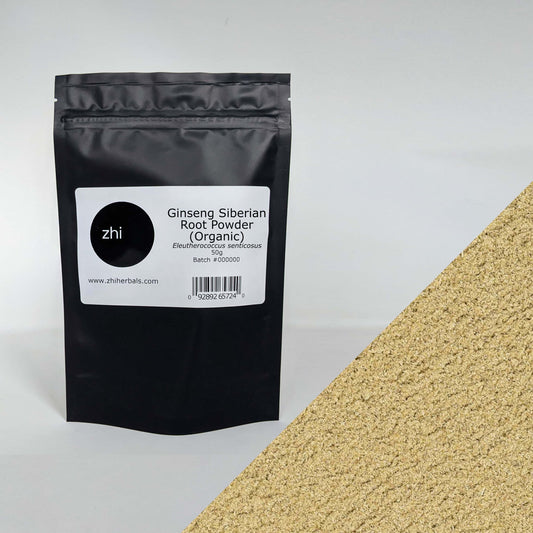 Zhi Herbals Organic Ginseng Powder, 50g black package with label, next to a close-up of the beige powder texture.