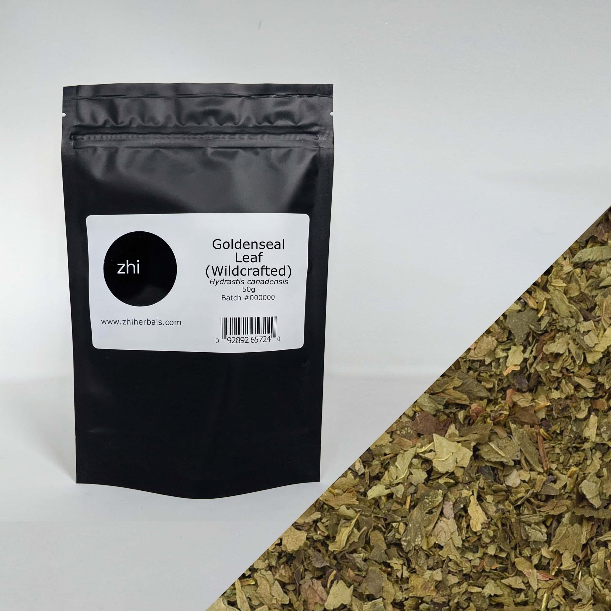 Zhi Herbals Wildcrafted Goldenseal Leaf, 50g black package with label, next to a close-up of the green leaf.