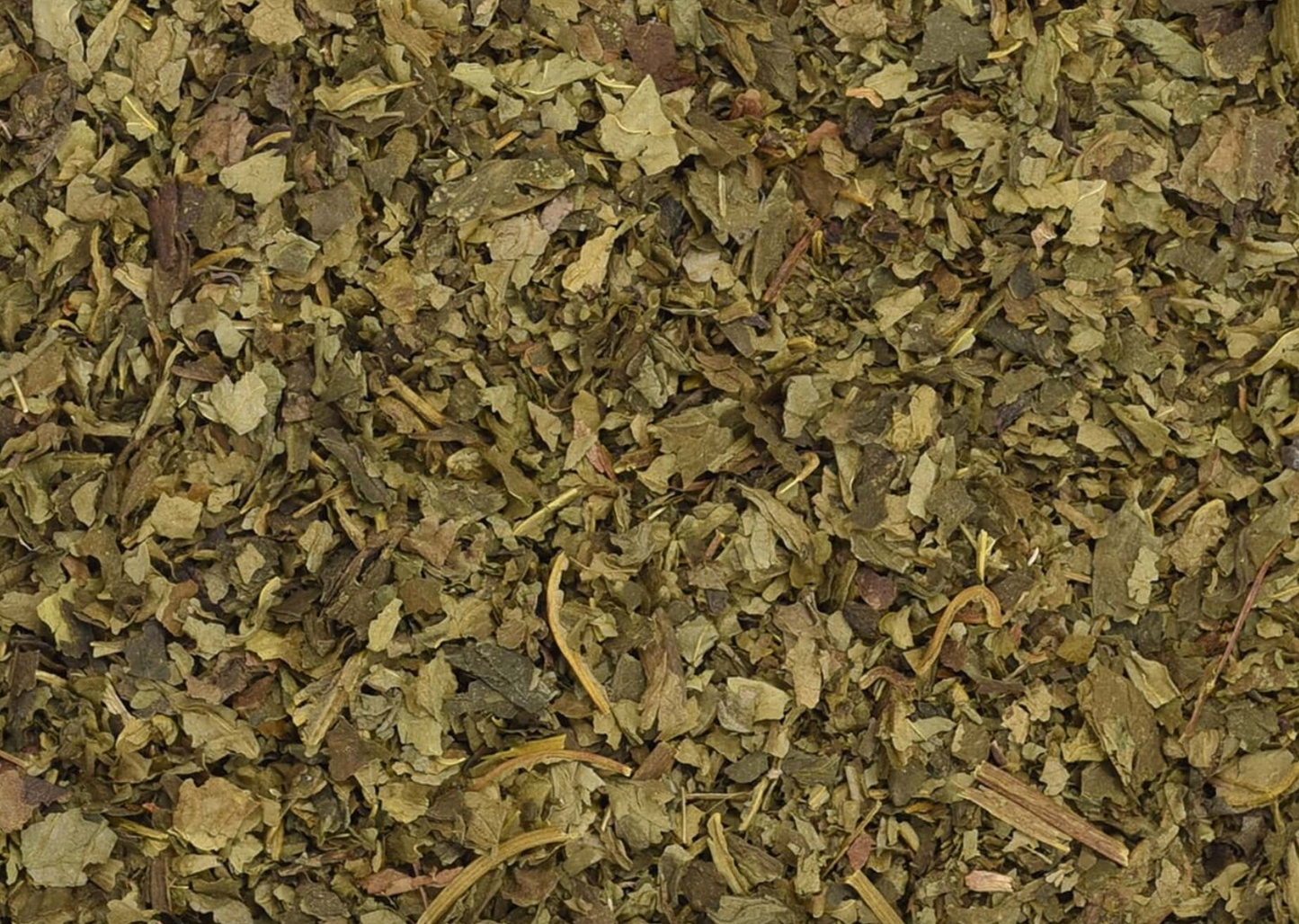 Close-up of dried goldenseal leaf, showing chopped green leaves used for teas and herbal remedies.