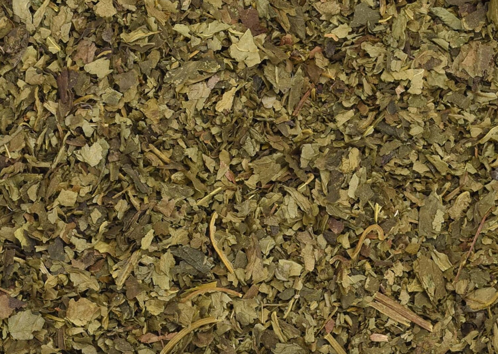 Close-up of dried goldenseal leaf, showing chopped green leaves used for teas and herbal remedies.