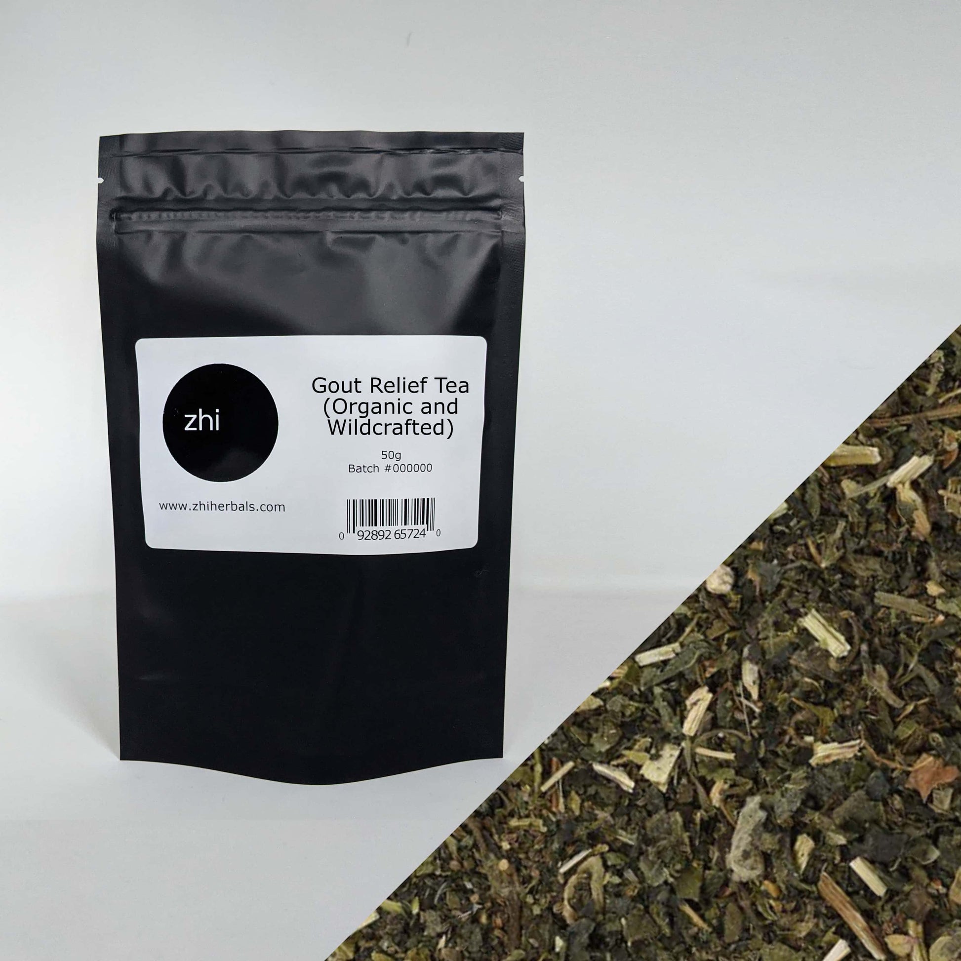 Zhi Herbals Gout Relief Tea, 50g black package with label, next to a close-up of the green herb blend.