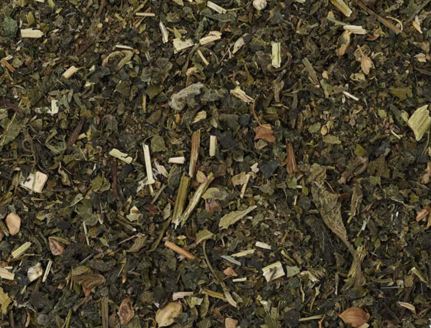 Close-up of dried Gout Relief Tea, showing chopped stems, leaves, and herb pieces.