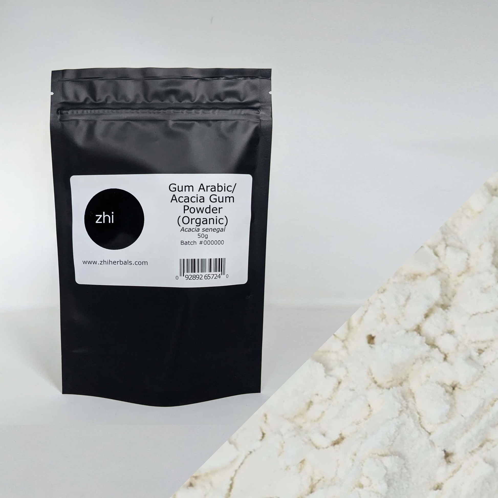 Zhi Herbals Gum Arabic/Acacia Gum Powder, 50g black package with label, next to a close-up of white powder.