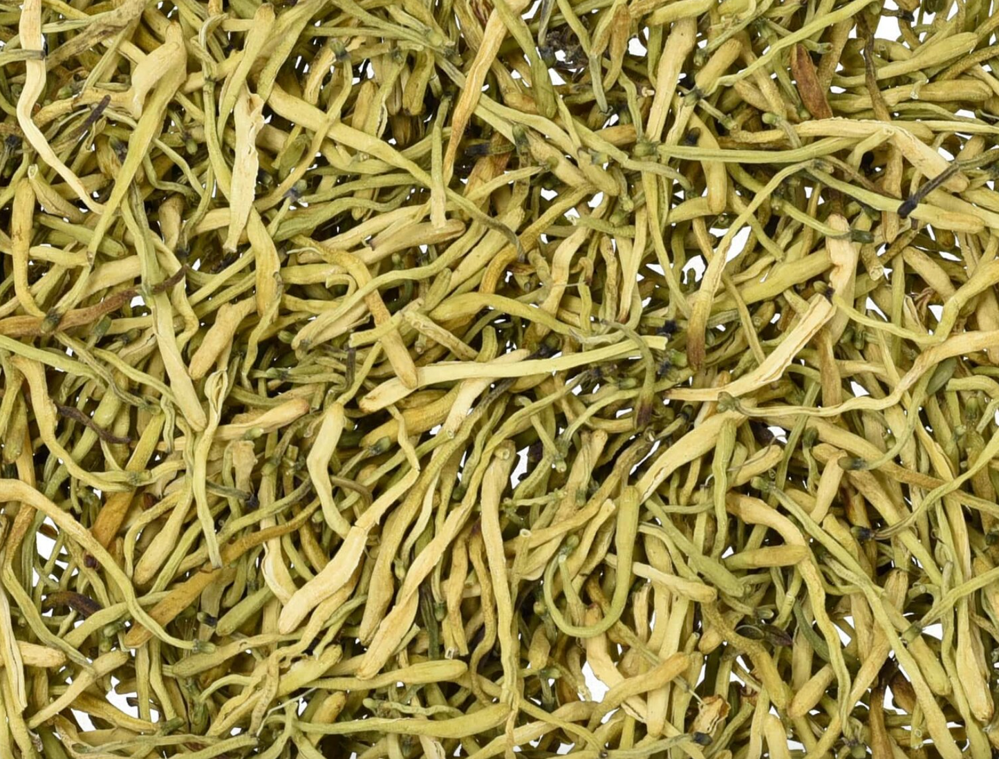 Close-up texture of dried honeysuckle flower, showing light green flowers used for teas and herbal remedies.