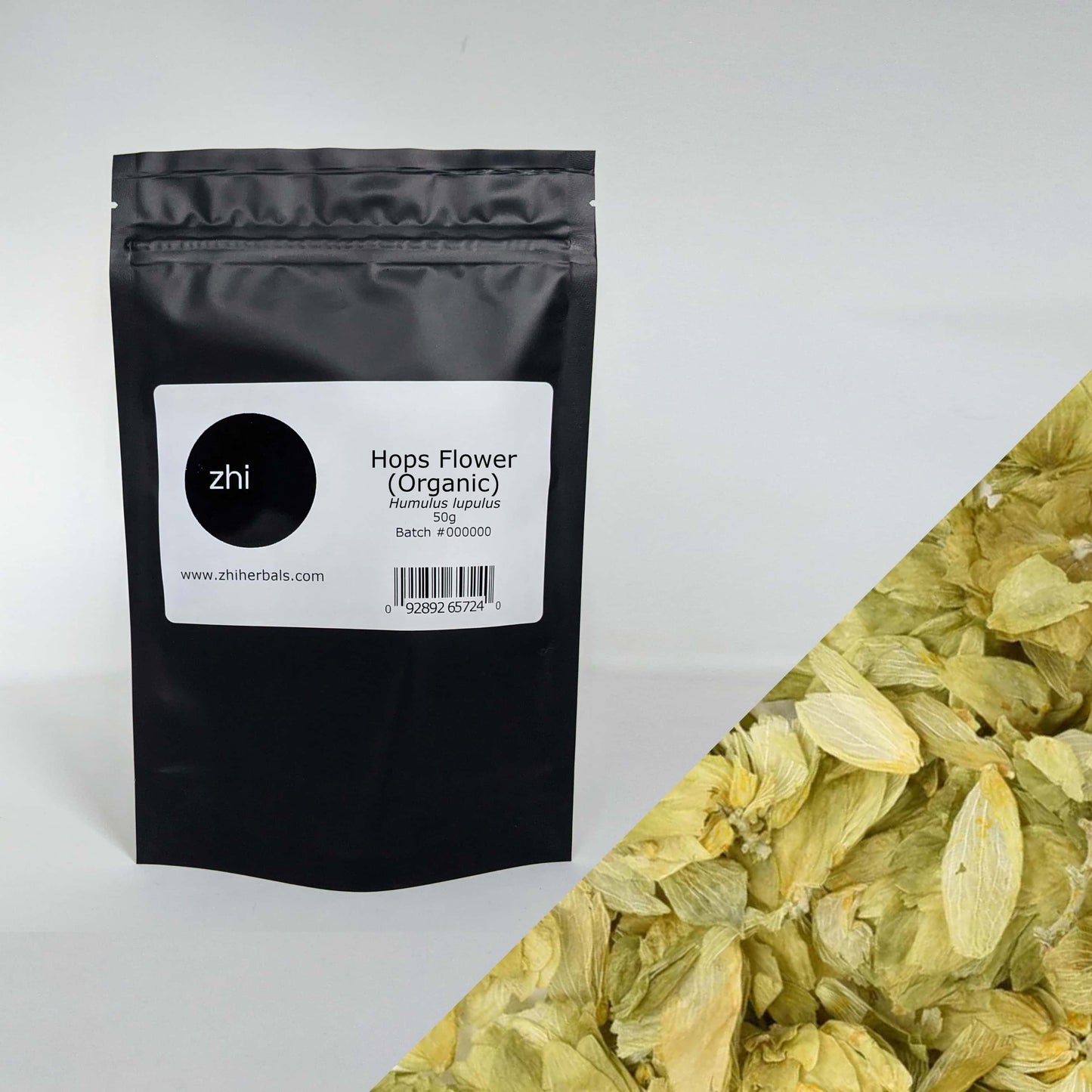 Zhi Herbals Organic Hops Flower, 50g black package with label, next to a close-up of the green flower texture.