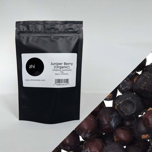 Zhi Herbals Organic Juniper Berry, 50g black package with label, next to a close-up of the dark purple berries.