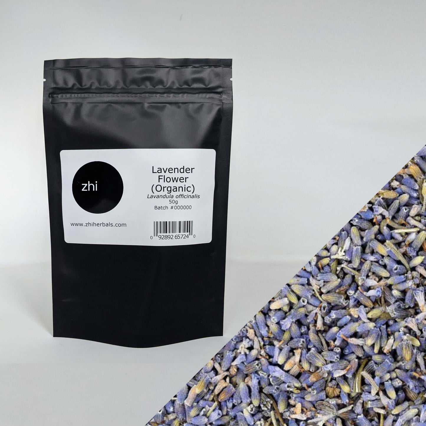 Zhi Herbals Organic Lavender Flower, 50g black package with label, next to a close-up of the purple flowers.