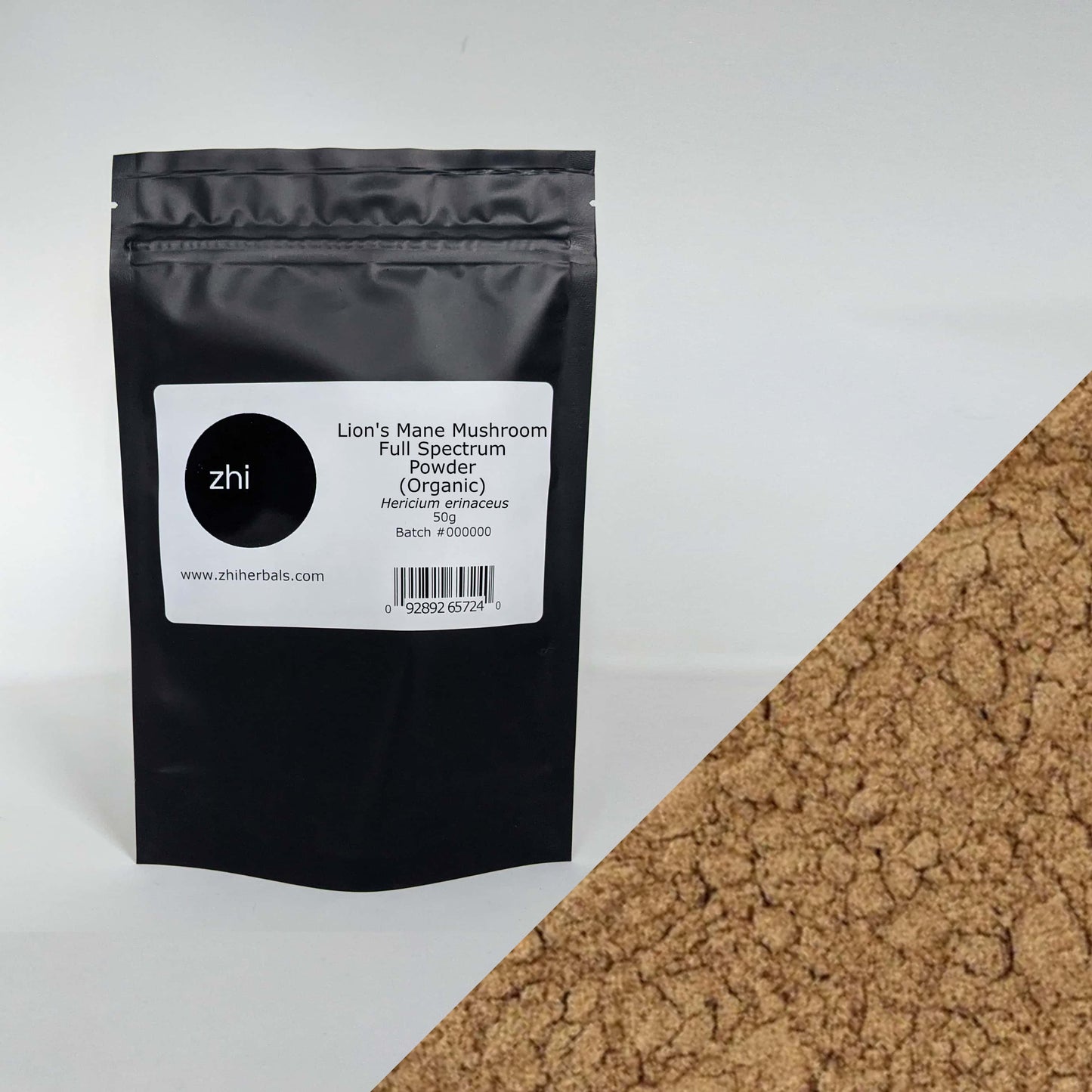 Zhi Herbals Organic Lion's Mane Mushroom Powder, 50g black package with label, next to a close-up of the brown powder texture.