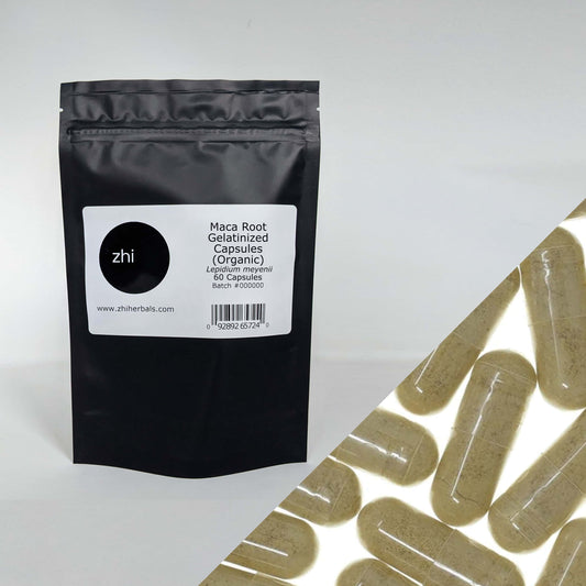 Zhi Herbals Organic Maca Root Capsules, in a black package with label, next to a close-up of the beige capsules.