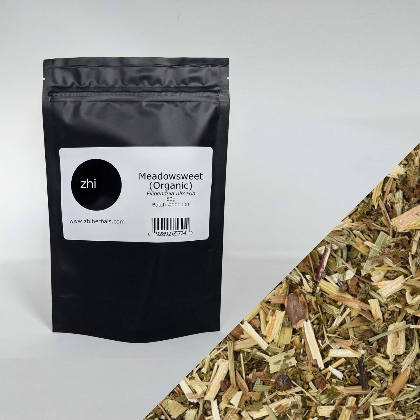 Zhi Herbals Organic Meadowsweet, 50g black package with label, next to a close-up of the green herb texture.