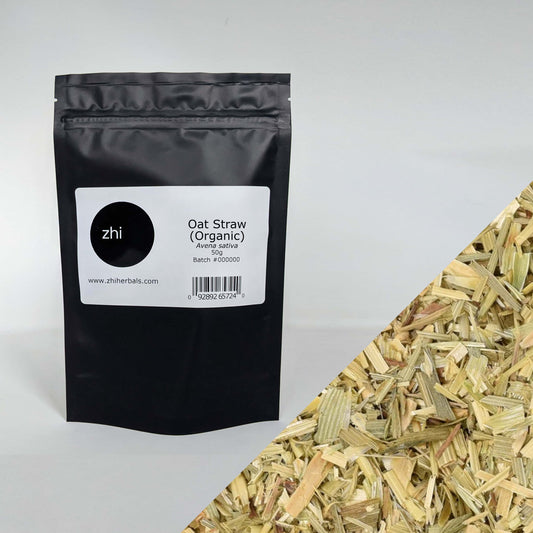 Zhi Herbals Organic Oat Straw, 50g black package with label, next to a close-up of the light green herb texture.