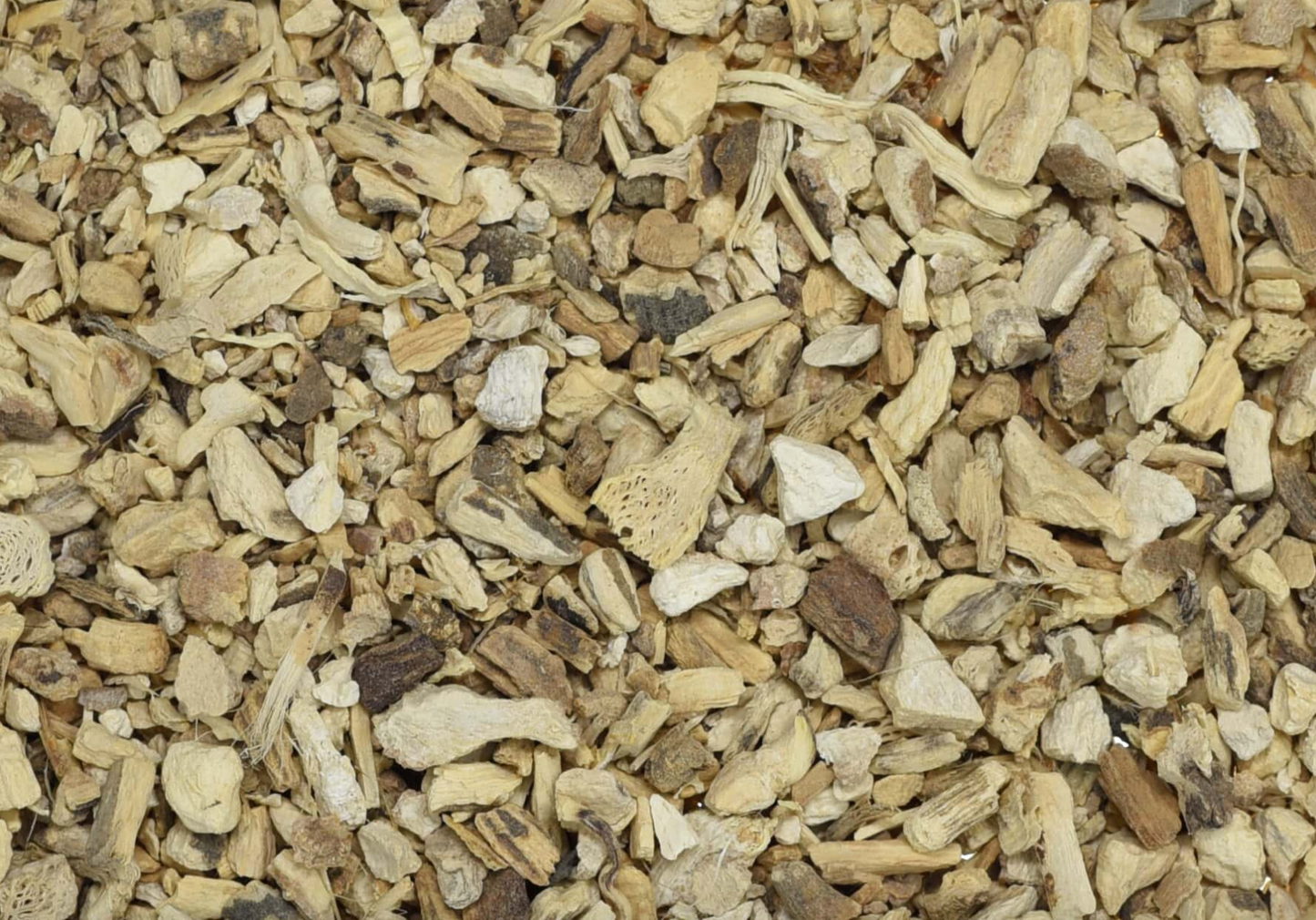 Close-up of dried pleurisy root, showing small beige root pieces used for teas and herbal remedies.