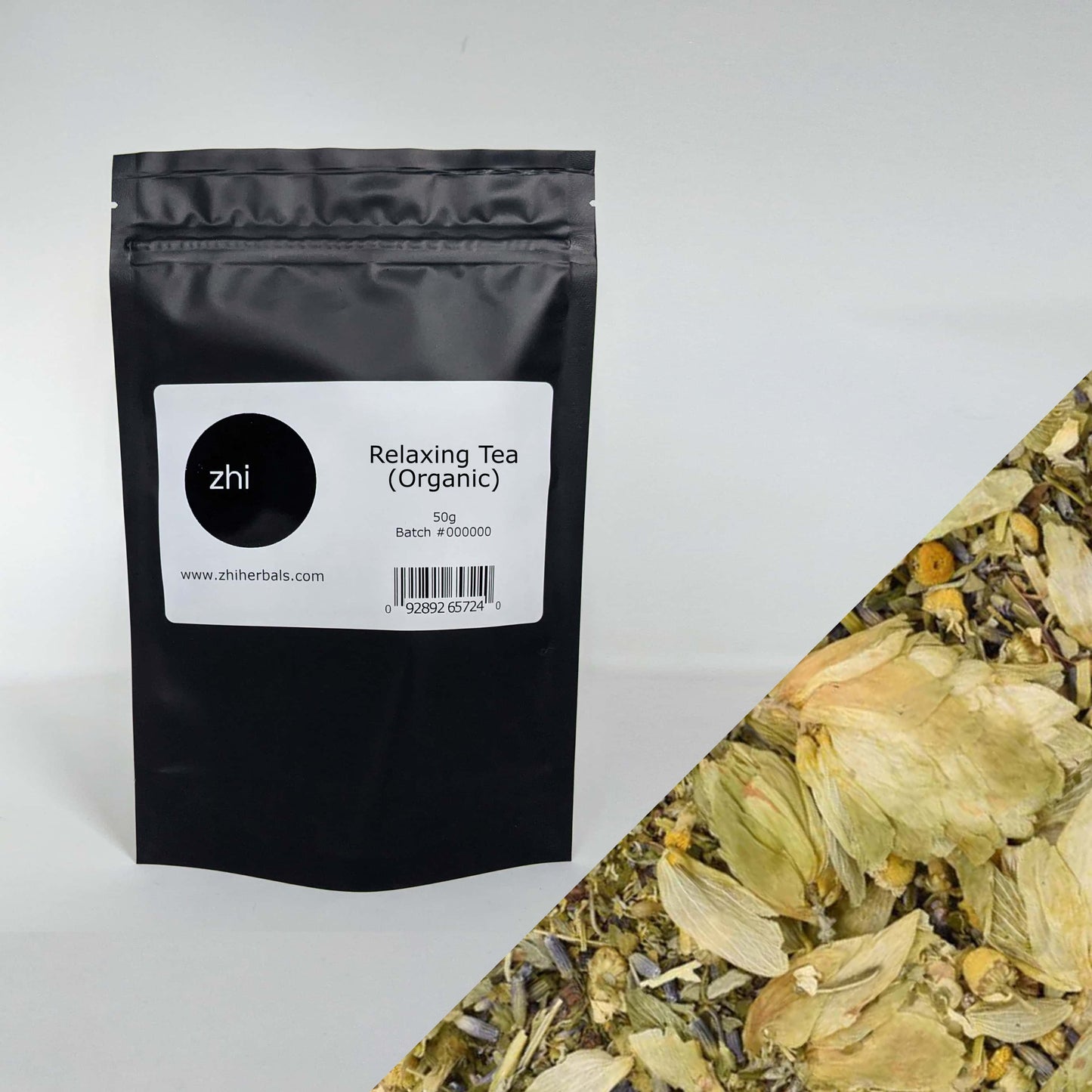 Zhi Herbals Organic Relaxing Tea, 50g black package with label, next to a close-up of the green herb blend.